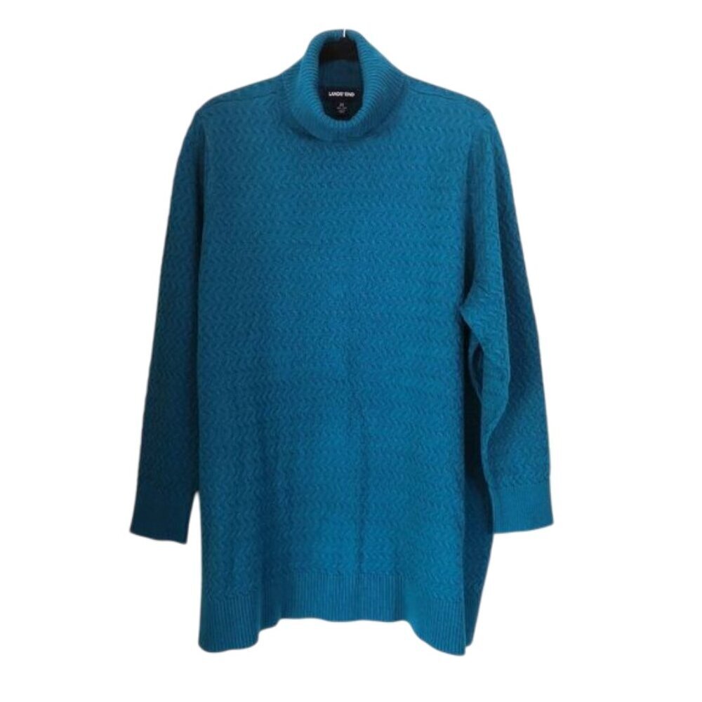 Lands' End 100% Cotton Cable Knit Turtleneck Tunic Sweater Capri Seas 2X (20-22)